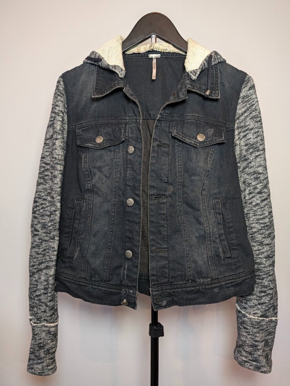Free People Women's Size M Denim Distressed Hooded Jean /Knit Jacket Grunge